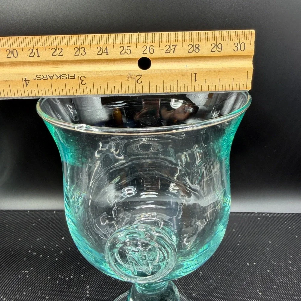 Set of 2 Monogram N Hand‎ Blown Glass Goblets Aqua Clear Stemmed Water Wine 7in
